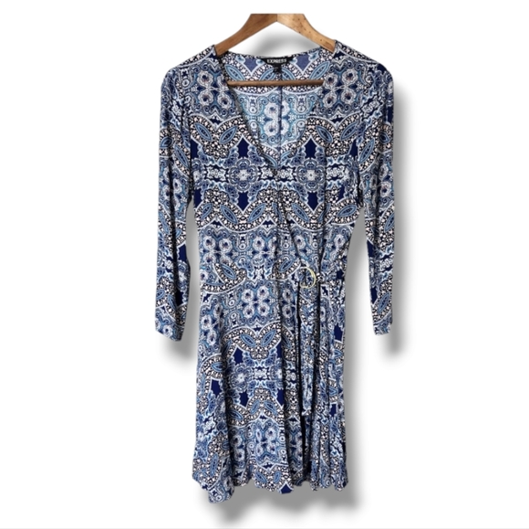 Express Boho Mandala Print V-Neck 3/4 Sleeve Wrap Dress  | Small - Picture 9 of 9